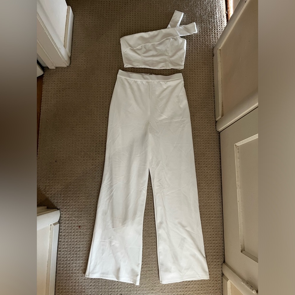 2-piece set two piece set white wide leg pants one shoulder crop top bridal